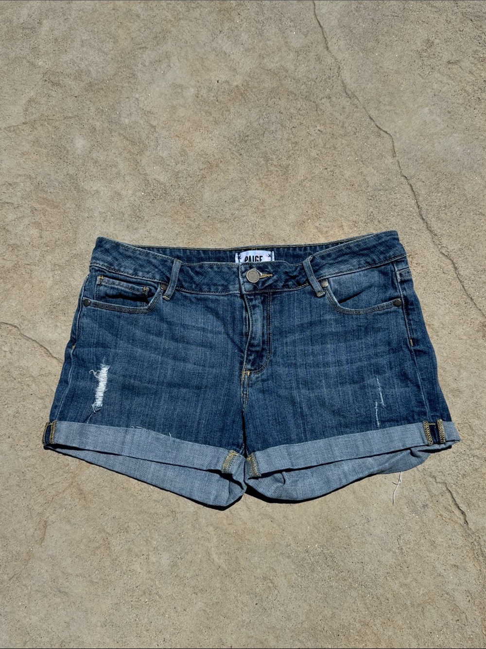 PAIGE Medium Wash Rolled Cuff Denim Shorts